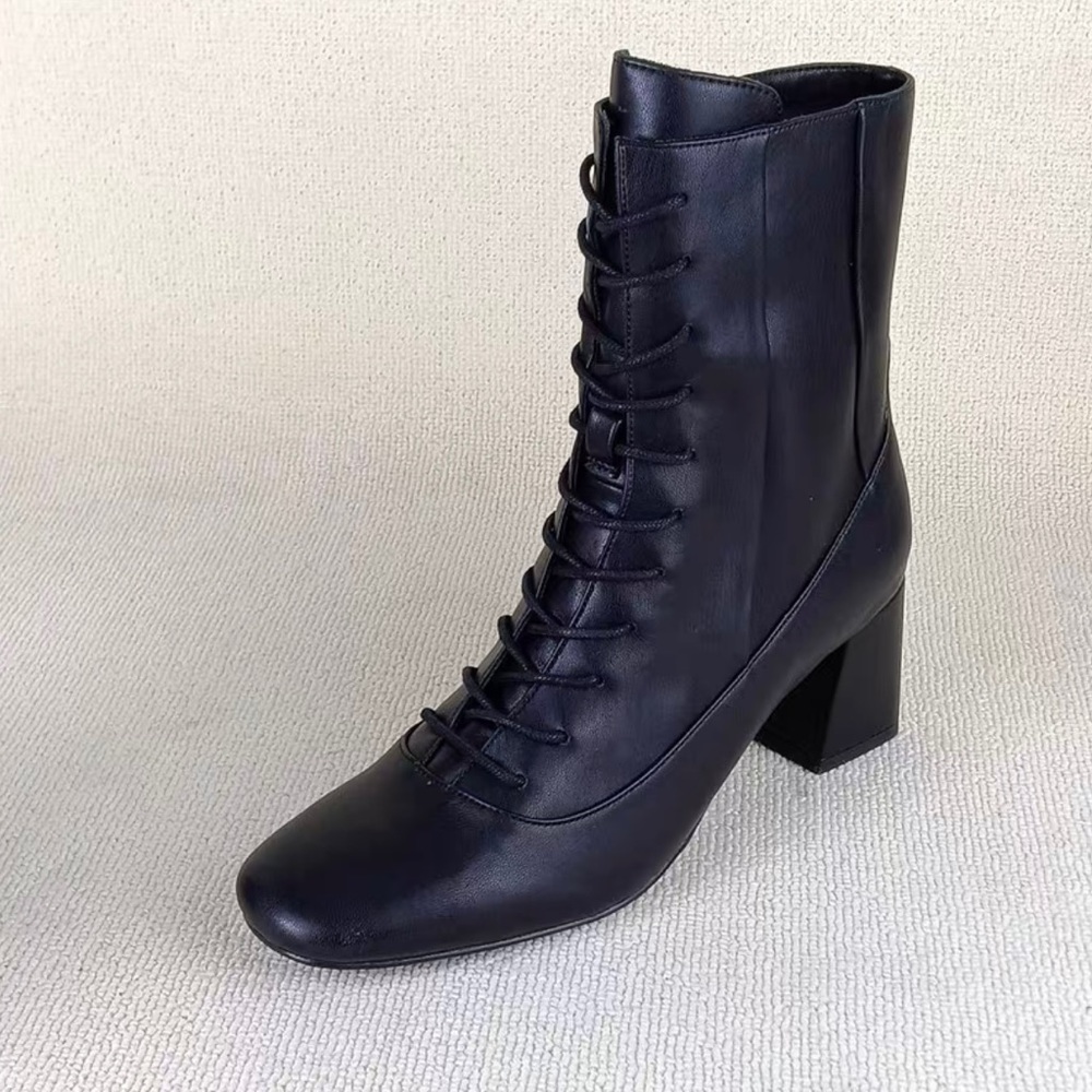 Lace-Up Zipper Cylinder Heel Boots . Leather. Heeled booties